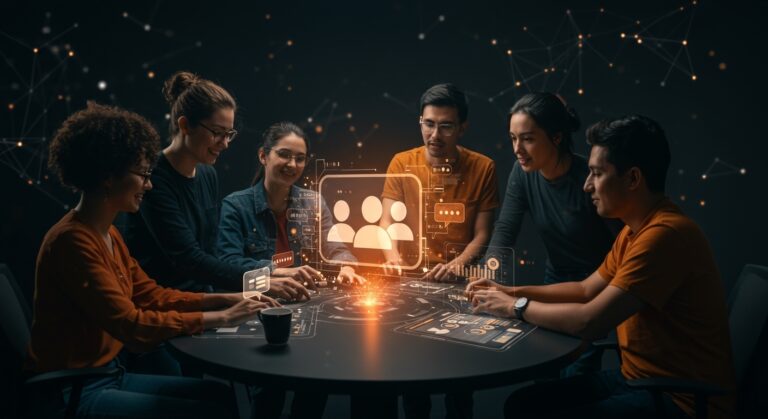 Equipos startup tecnológicos colaborando con chats grupales de ChatGPT potenciados por IA y automatización en un entorno dinámico y moderno.