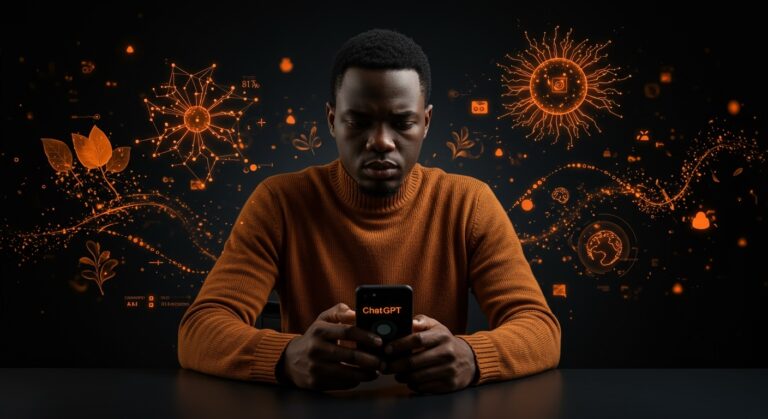 Persona reflexionando sobre ética y confianza en ChatGPT y tecnologías de IA en la vida cotidiana, con metáforas visuales de impacto ambiental y cultura tecnológica.