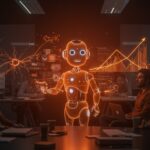 Chatbot de IA ChatGPT y fundadores hispanos colaborando en tecnología avanzada para automatización y escalabilidad en startups latinas.