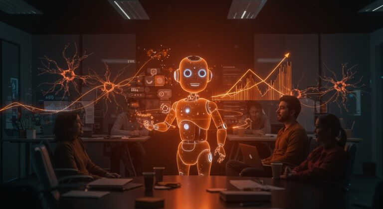 Chatbot de IA ChatGPT y fundadores hispanos colaborando en tecnología avanzada para automatización y escalabilidad en startups latinas.