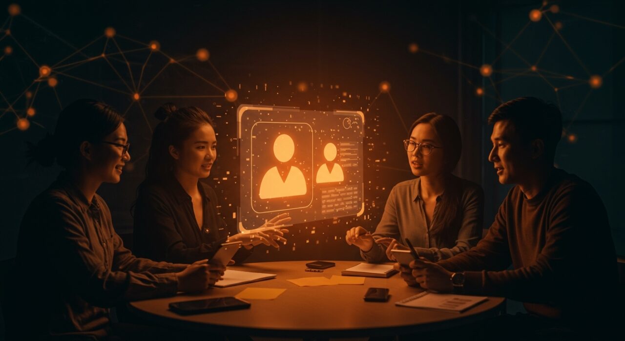 Fundadores de startups colaborando mediante chats grupales con inteligencia artificial en un entorno tecnológico innovador.