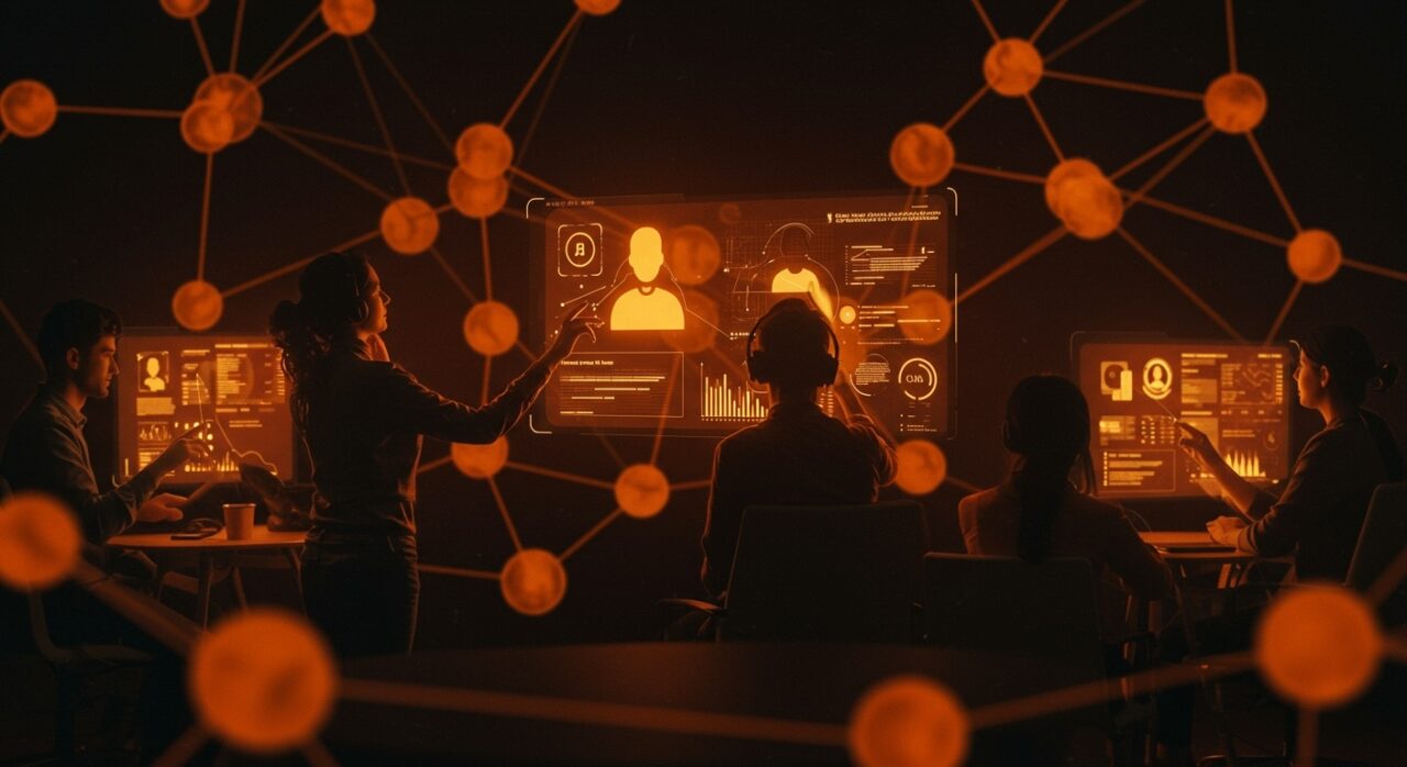 Grupo de emprendedores colaborando en chats grupales con IA generativa para startups tecnológicas, impulsando la automatización y el trabajo en equipo.