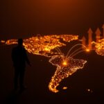 Inversión china en startups latinoamericanas representada con mapa digital y flujos de energía en tonos naranja y negro.