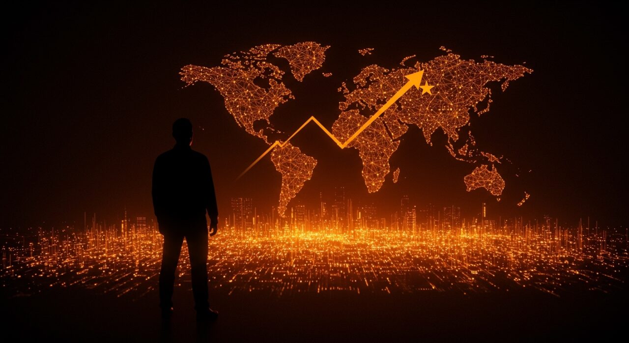 Líder tecnológico chino frente a un paisaje digital de inteligencia artificial, simbolizando la superación de EE.UU. en el mercado global de IA.