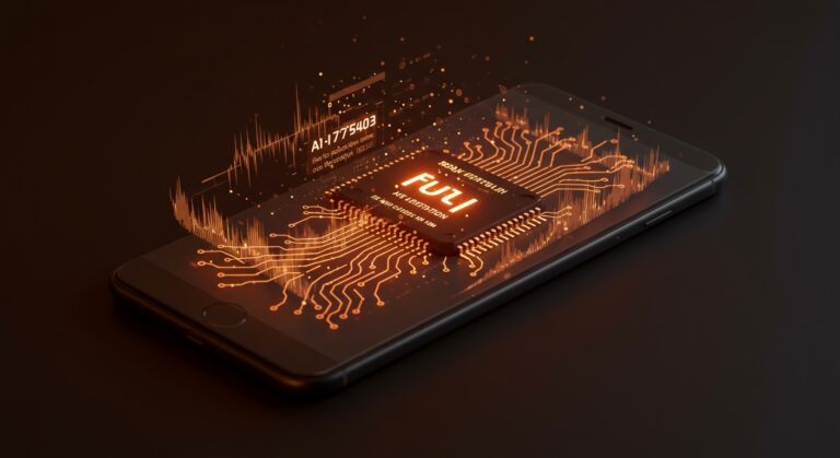 Chip de IA de Broadcom y CAMB.AI en dispositivo móvil demostrando traducción y descripción en tiempo real para startups tecnológicas.