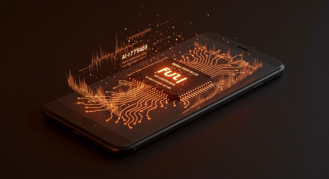 Chip de IA de Broadcom y CAMB.AI en dispositivo móvil demostrando traducción y descripción en tiempo real para startups tecnológicas.