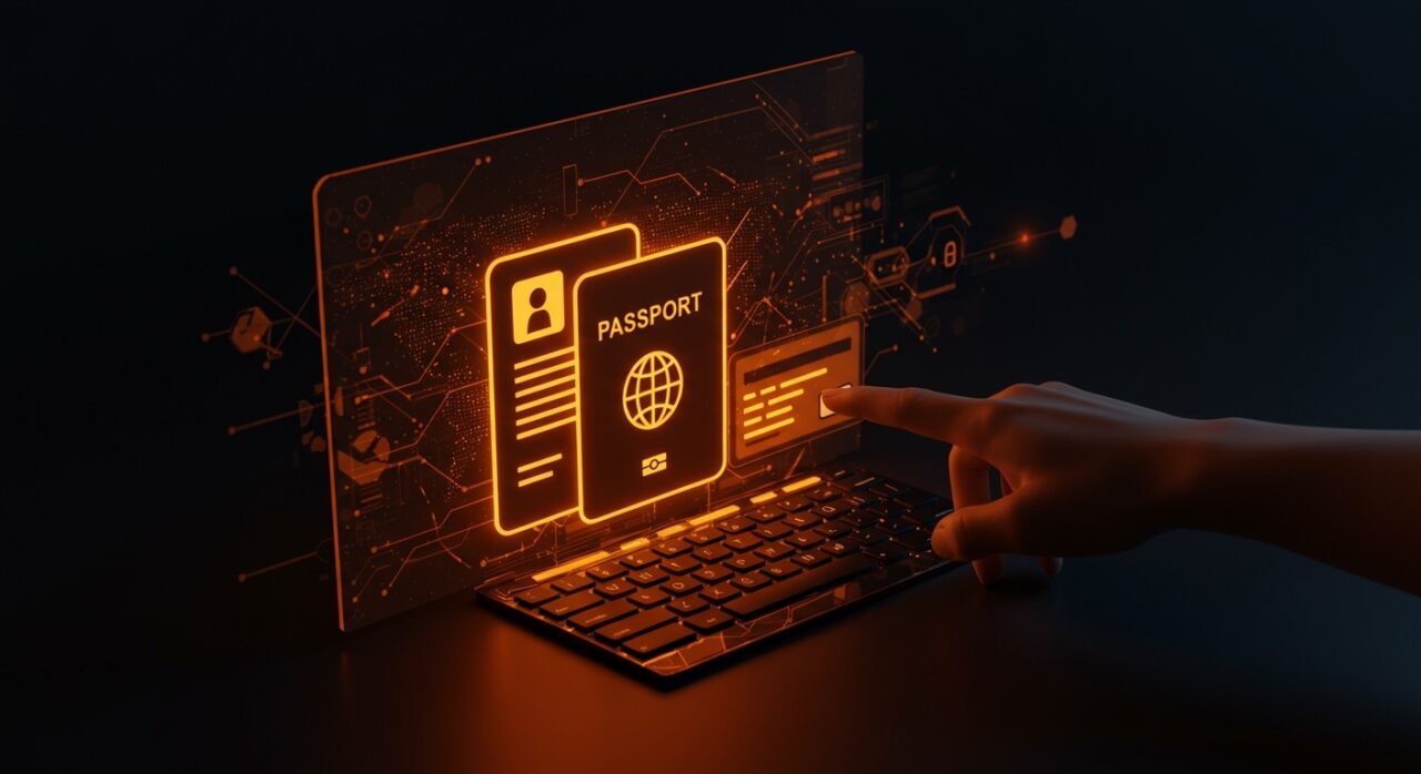 Interfaz digital autofill de pasaporte y documentos personales en Chrome, destacando automatización y seguridad en tecnología.
