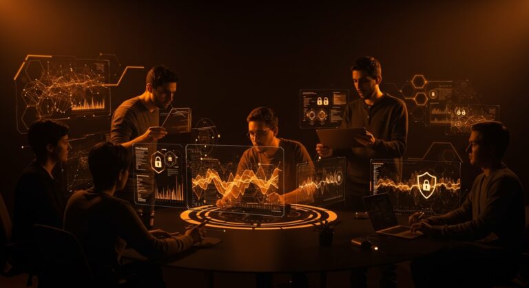 Equipo de startup colaborando frente a interfaz digital de ciberseguridad e inteligencia artificial, destacando el factor humano en protección de datos.