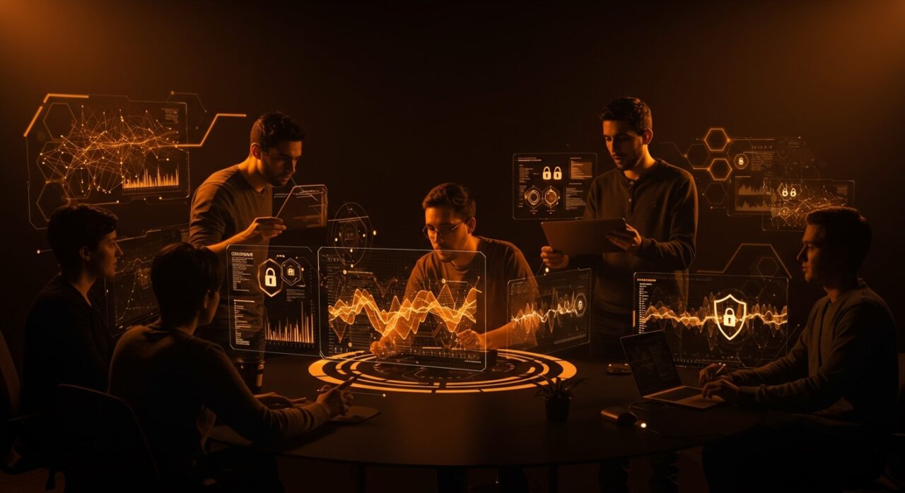 Equipo de startup colaborando frente a interfaz digital de ciberseguridad e inteligencia artificial, destacando el factor humano en protección de datos.