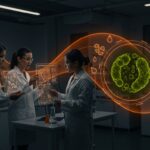 Científicas colaborando en laboratorio biotecnológico con representaciones visuales de microalgas para soluciones sustentables e industriales.