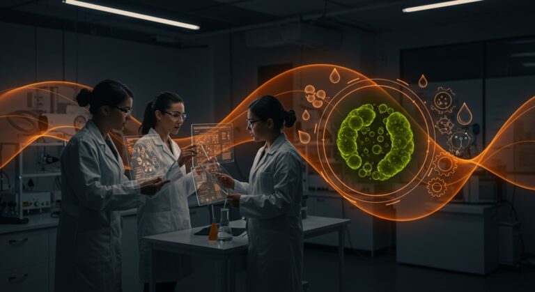 Científicas colaborando en laboratorio biotecnológico con representaciones visuales de microalgas para soluciones sustentables e industriales.