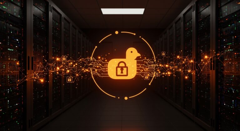 Visualización de cifrado de datos en reposo con DuckDB usando AES-GCM para mejorar la seguridad en plataformas SaaS, en paleta naranja y negro.