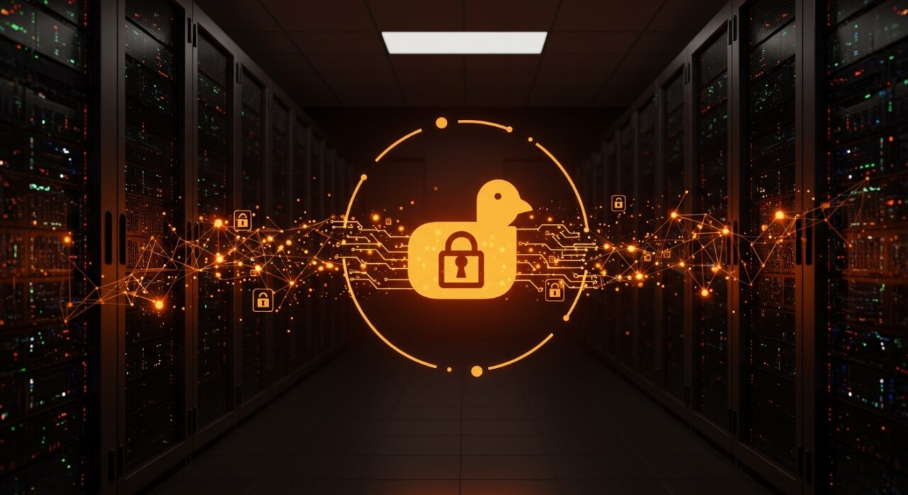Visualización de cifrado de datos en reposo con DuckDB usando AES-GCM para mejorar la seguridad en plataformas SaaS, en paleta naranja y negro.