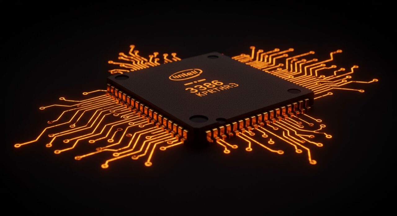 Detalle de un microprocesador Intel 386 con circuitos y multiplexores CMOS iluminados en naranja, destacando la innovación en diseño de chips y legado en ingeniería de hardware vintage.