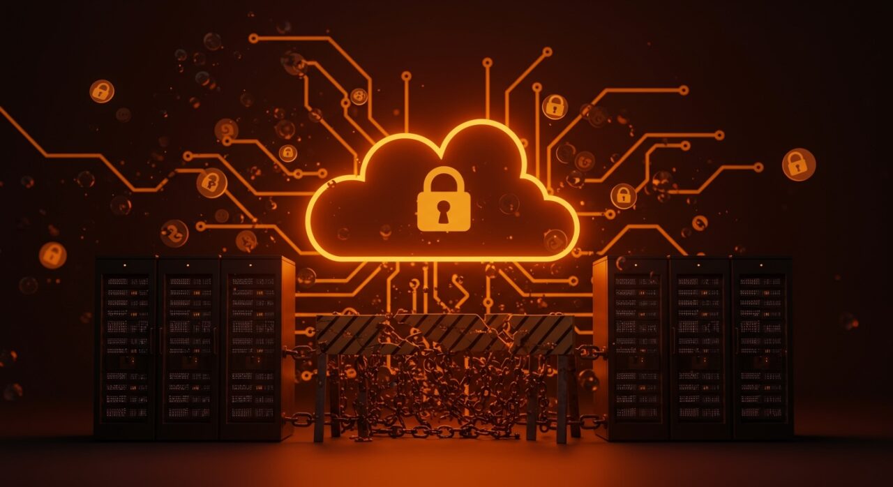 Representación digital de barreras comerciales por bloqueo de sitios con infraestructura cloud y tecnología SaaS ilustrando impacto en comercio digital.