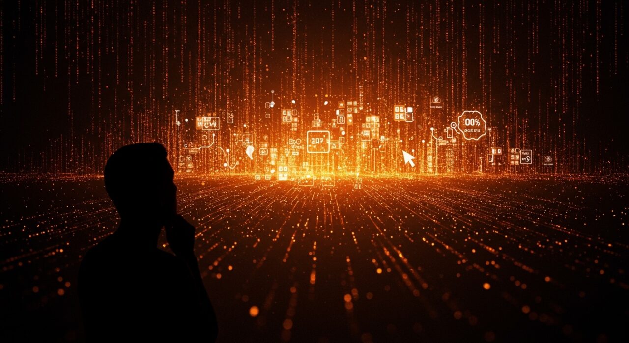 Representación de IA generando código en Microsoft, destacando la influencia del 30% del código producido por inteligencia artificial en desarrollo de software.