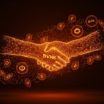Adquisición de BVNK por Coinbase representada mediante un apretón de manos digital con iconos de stablecoins y fintech en tonos naranja y negro.
