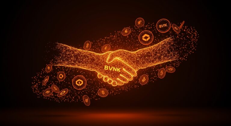 Adquisición de BVNK por Coinbase representada mediante un apretón de manos digital con iconos de stablecoins y fintech en tonos naranja y negro.