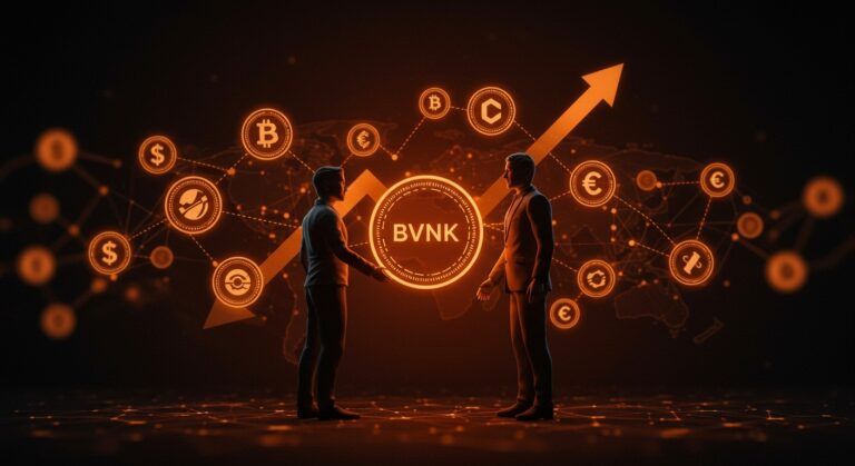 Adquisición de BVNK por Coinbase representada con un apretón de manos futurista en un entorno digital de stablecoins y tecnología fintech.