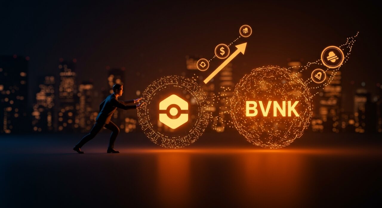 Imagen conceptual de la posible adquisición de BVNK por Coinbase mostrando tecnología blockchain y stablecoins en un entorno fintech innovador.