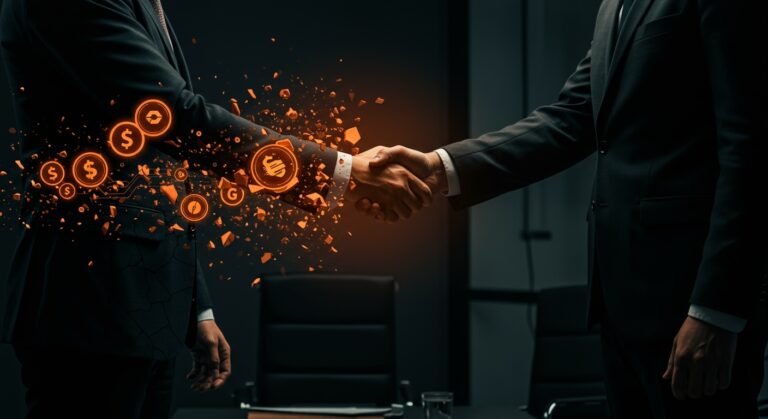 Cancelación del acuerdo de adquisición de stablecoins de $2B entre Coinbase y BVNK representada en una escena de negocio con metáforas visuales fintech y cripto.