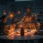 Ingenieros colaborando en entorno futurista con hologramas que representan inteligencia artificial y automatización en startup YC.