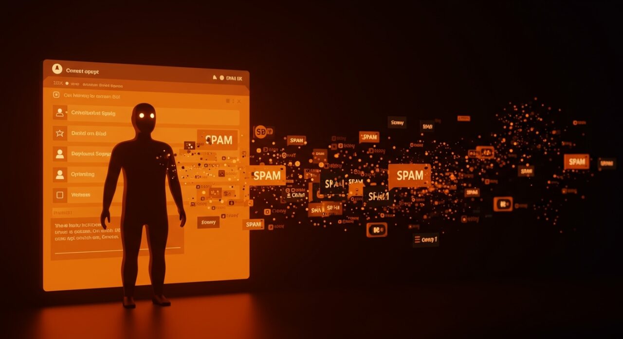 Comentarios spam generados por IA invadiendo foros tecnológicos, representando automatización y bots en comunidades digitales.