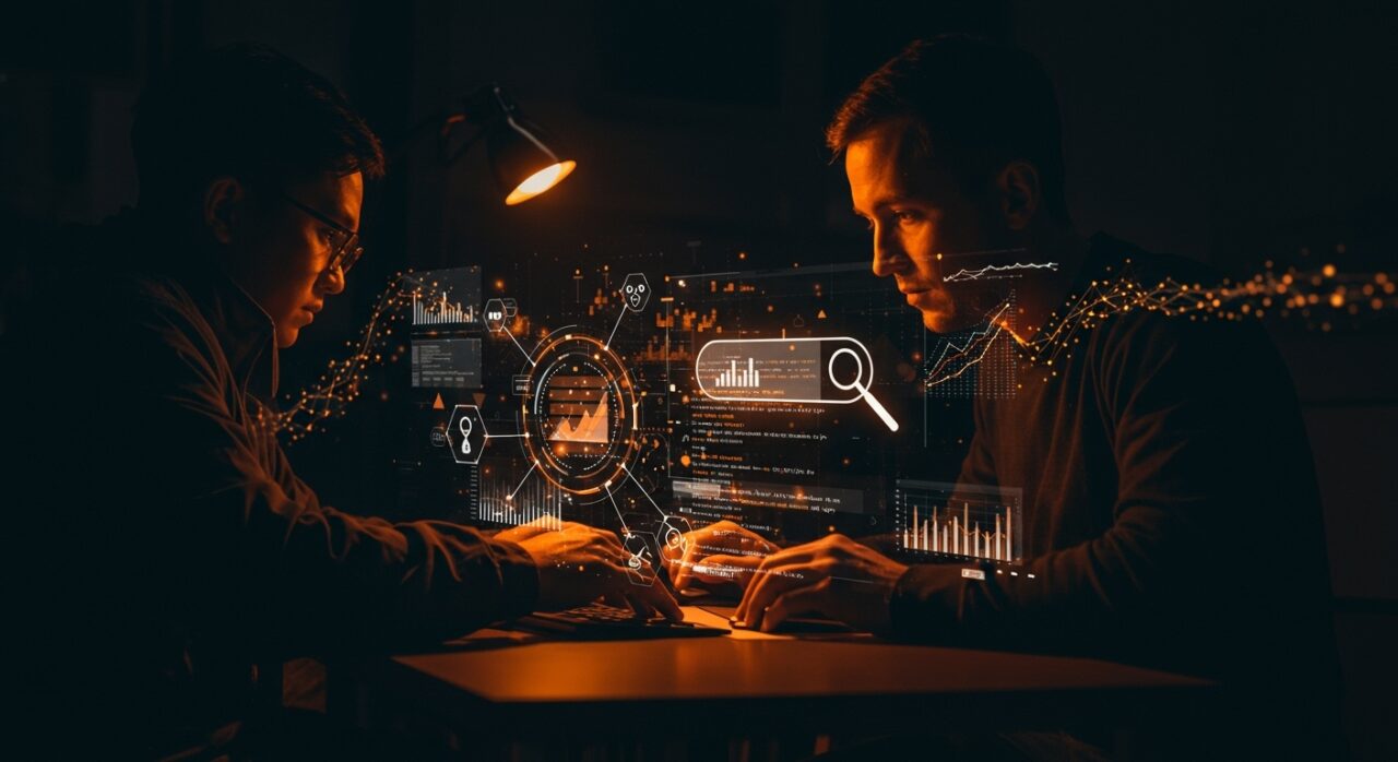 Desarrollador creando un motor de búsqueda eficiente con representación visual de indexación y optimización en un entorno tecnológico moderno para crecimiento SaaS.