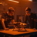 Dos jóvenes creadores trabajando en una avanzada máquina FPV militar, destacando innovación en drones y manufactura nacional para defensa en EE.UU.