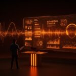 Fundador de startup innovadora en protección auditiva con gráficos de crecimiento y símbolos de branding internacional en estilo editorial.