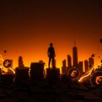 Startup founder frente a la desconexión entre valor financiero y economía real, ilustrando impactos en mercados y colapso financiero.