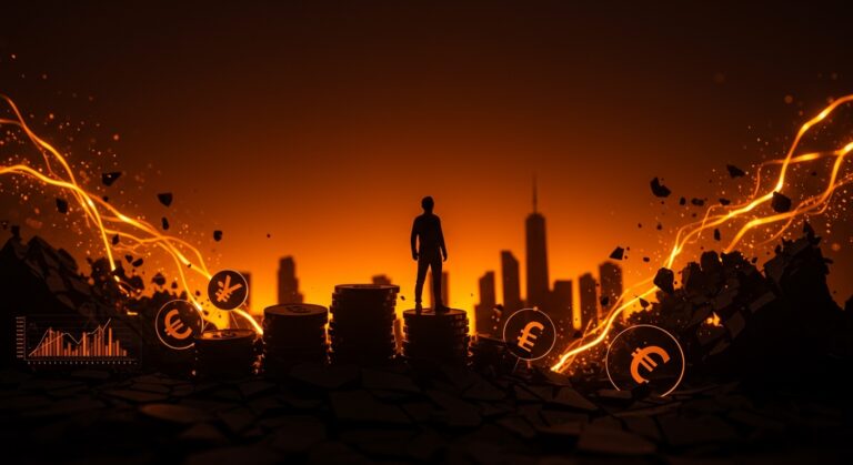 Startup founder frente a la desconexión entre valor financiero y economía real, ilustrando impactos en mercados y colapso financiero.