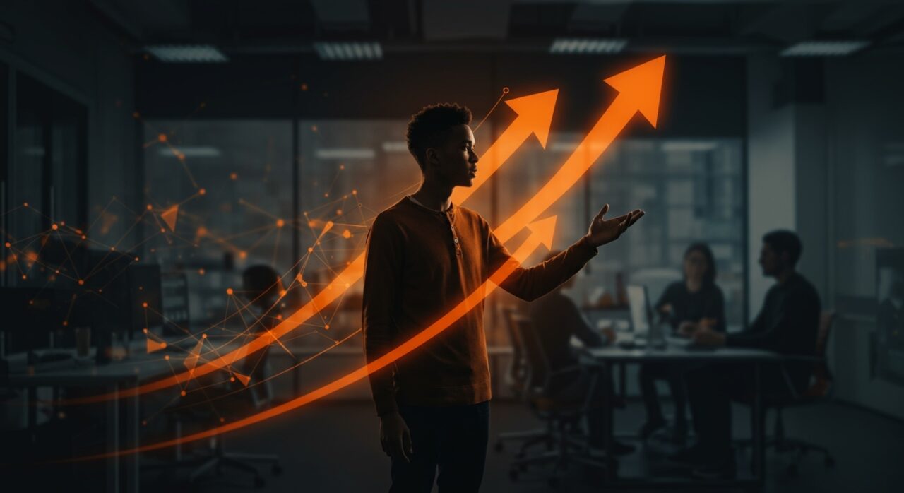 Individuo liderando el cambio organizacional en una startup tecnológica, demostrando liderazgo e influencia sin autoridad formal.