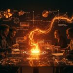 Grupo de emprendedores colaborando con modelos matemáticos de complejidad Rademacher y competencia grupal para optimizar cooperación en startups.