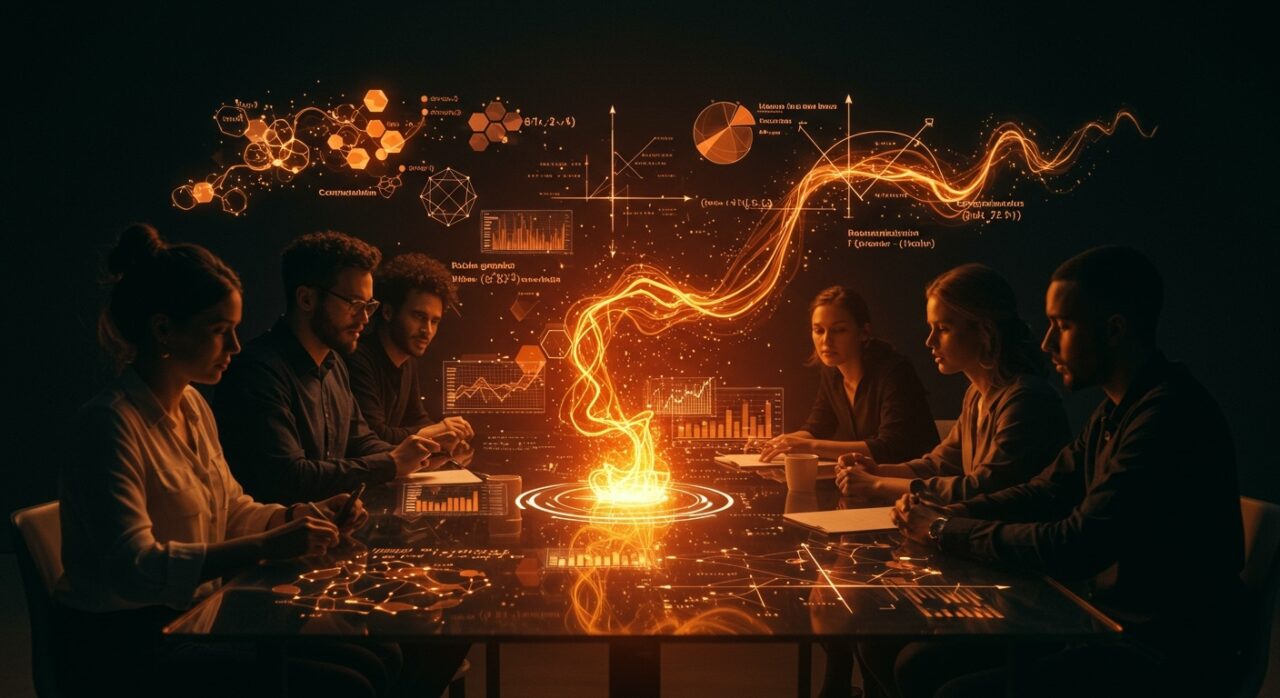 Grupo de emprendedores colaborando con modelos matemáticos de complejidad Rademacher y competencia grupal para optimizar cooperación en startups.