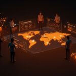 Equipo de founders colaborando con interfaz digital que muestra expansión regional SaaS y crecimiento startup en LATAM.