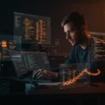 Concurrencia en SQLite ilustrada con un fundador trabajando y representaciones visuales de gestión de bloqueos optimista y pesimista en bases de datos para soluciones efectivas en startups.