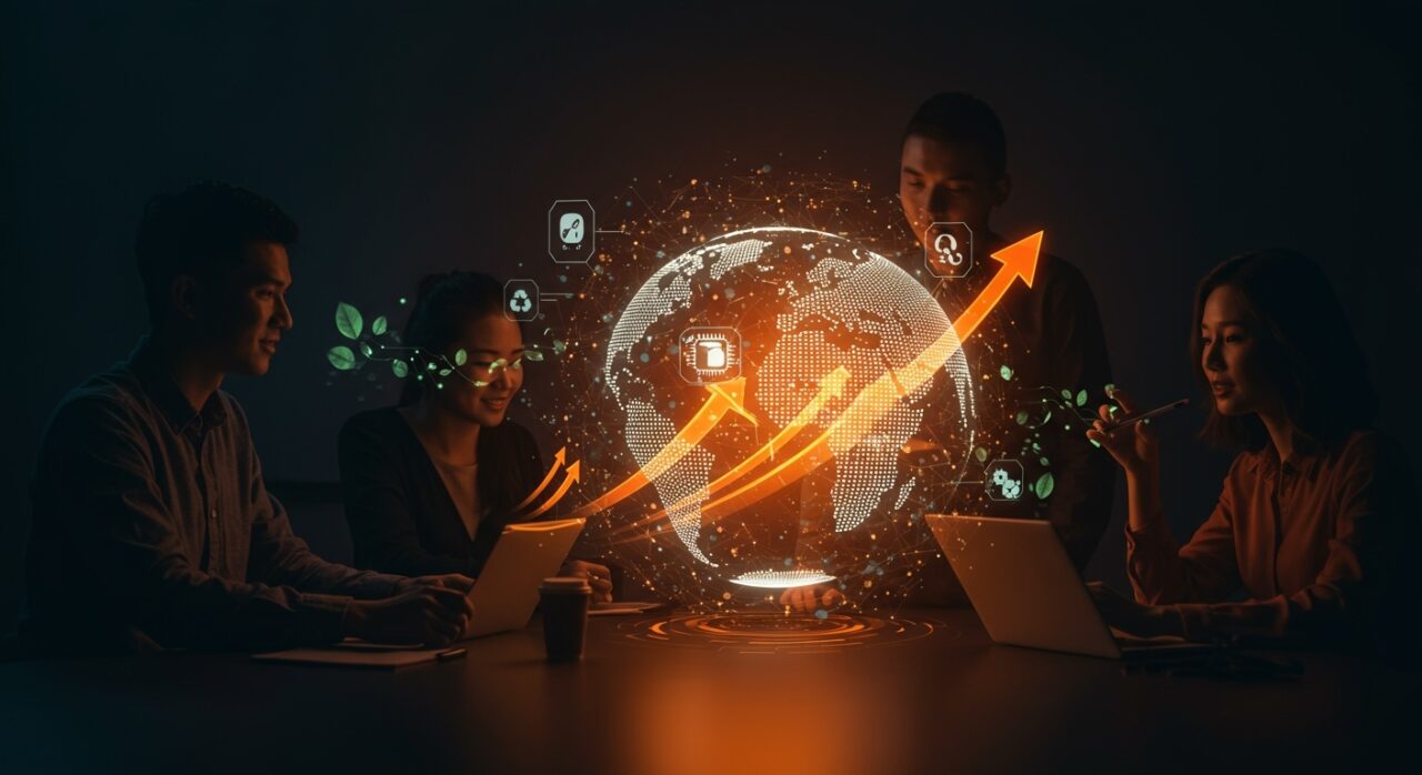 Grupo de startups innovadoras colaborando globalmente con inteligencia artificial y sostenibilidad en concurso Venture-Z.