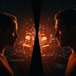 Conflicto legal entre startups Elevva y BodyTrainer en Latam representado por dos emprendedores divididos por un muro digital, simbolizando adquisiciones y desafíos legales.