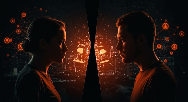 Conflicto legal entre startups Elevva y BodyTrainer en Latam representado por dos emprendedores divididos por un muro digital, simbolizando adquisiciones y desafíos legales.