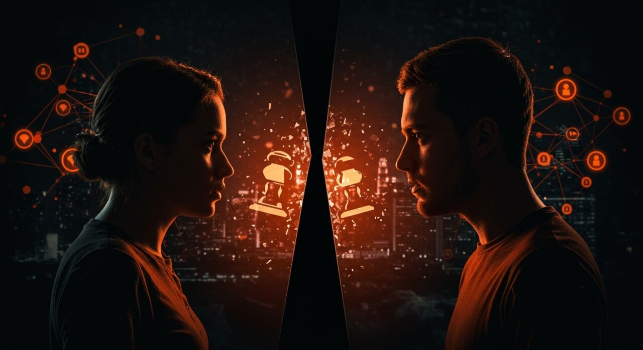 Conflicto legal entre startups Elevva y BodyTrainer en Latam representado por dos emprendedores divididos por un muro digital, simbolizando adquisiciones y desafíos legales.