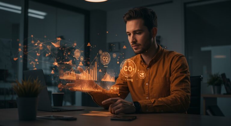 Mercado de créditos de carbono 2025 con fundador de startup analizando tendencias y consolidación, representando oportunidades y sostenibilidad.