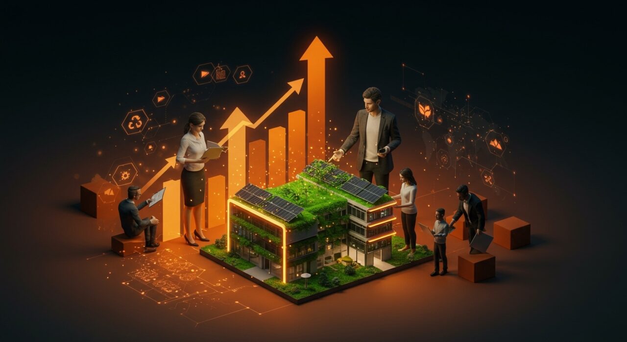 Equipo de emprendedores colaborando en construcción ecológica innovadora, representando sostenibilidad y escalabilidad startup en tecnologías limpias.