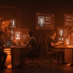 Contratación eficiente en estudio indie con desarrolladores y fundadores colaborando, resaltando procesos humanos y tecnológicos en reclutamiento startup.