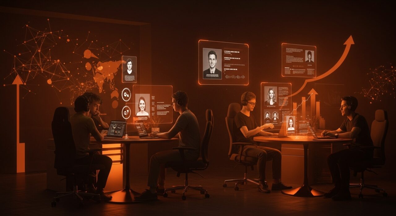 Contratación eficiente en estudio indie con desarrolladores y fundadores colaborando, resaltando procesos humanos y tecnológicos en reclutamiento startup.