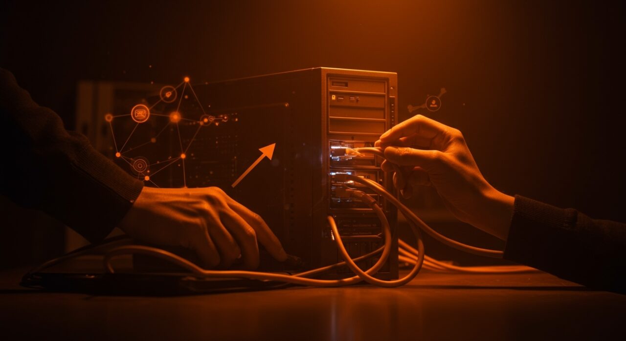 Transformación de PC antigua en NAS para startups, optimizando almacenamiento en red con soluciones DIY en ambiente tecnológico naranja y negro.