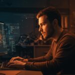 Front End Engineer trabajando en interfaz futurista con redes neuronales, destacando inteligencia artificial aplicada en startups tecnológicas Y Combinator.