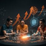 Fundadores fintech latinoamericanos colaborando con inteligencia artificial y diagramas holográficos en un entorno futurista de alta tecnología.