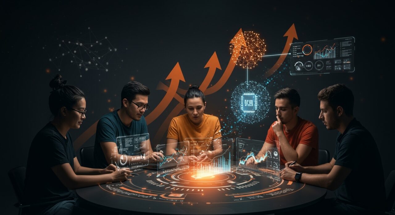 Fundadores fintech latinoamericanos colaborando con inteligencia artificial y diagramas holográficos en un entorno futurista de alta tecnología.