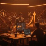 Startup en aceleración y escalado con mentoría y recursos en Tech FabLab Comunitat Valenciana, destacado con simbolismos de innovación y tecnología.